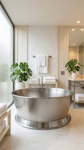 Bacio em banheiro claro, com plantas e luz natural