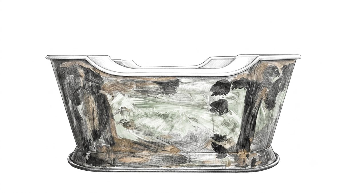 Estudo pintado de uma banheira do Galpón, com a paisagem refletida no corpo de aço