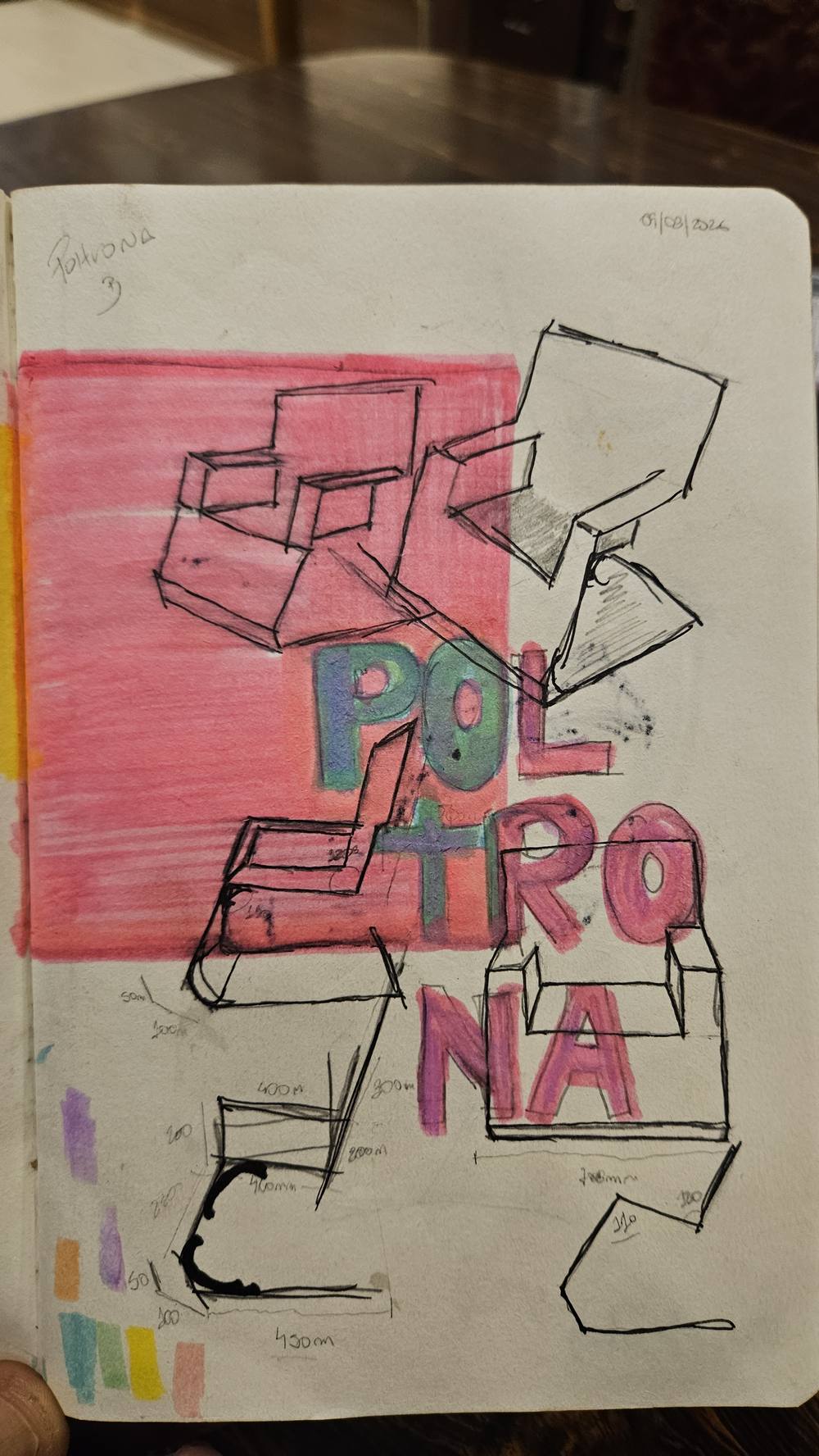 Página do caderno com o estudo em cor da Poltrona, datada 09/08/2026