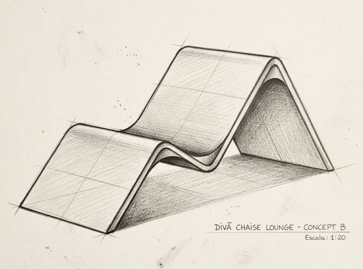 Estudo a lápis da chaise — Concept B, escala 1:20