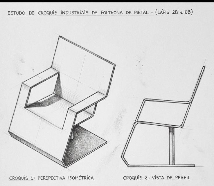 Estudo de croquis industriais da poltrona — perspectiva e perfil