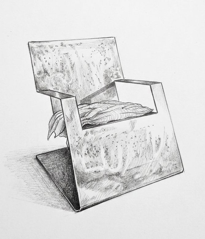 Desenho a lápis da Poltrona Gomada com o assento de lã